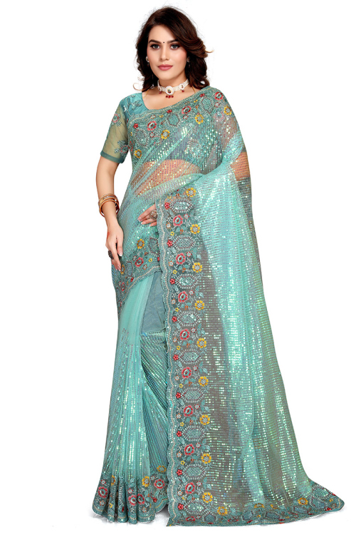 Mint Blue Net Woven Saree with Thread embroidery