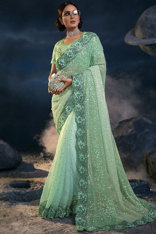 Mint Green Woven Net Saree for Party 