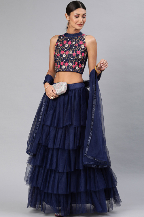 Net Layered Style Navy Blue Lehenga Choli