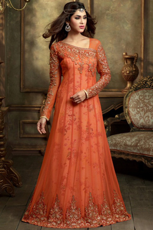 Embroidered Net Orange Anarkali Suit