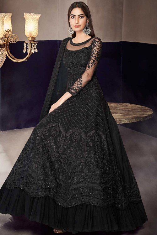 Buy Embroidered Gerogette Party Wear Anarkali Suit In Black Colour ...