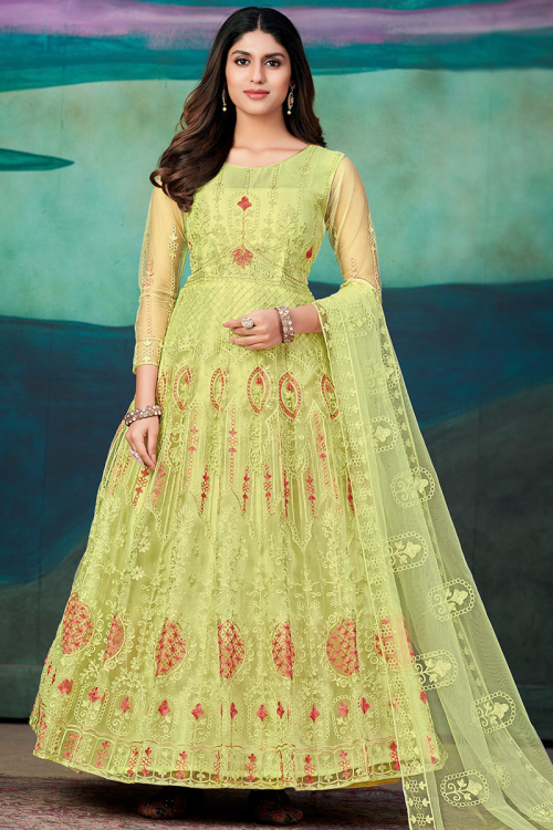 Embroidered Net Pear Green Anarkali Suit