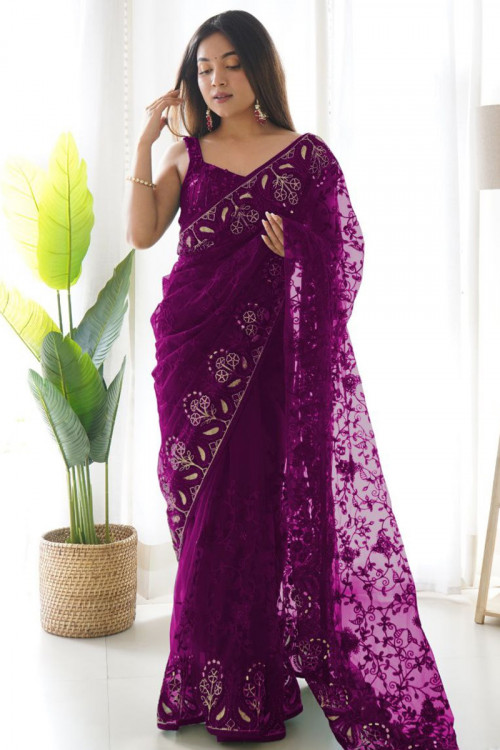 Embroidered Net Plum Purple Heavy Saree 