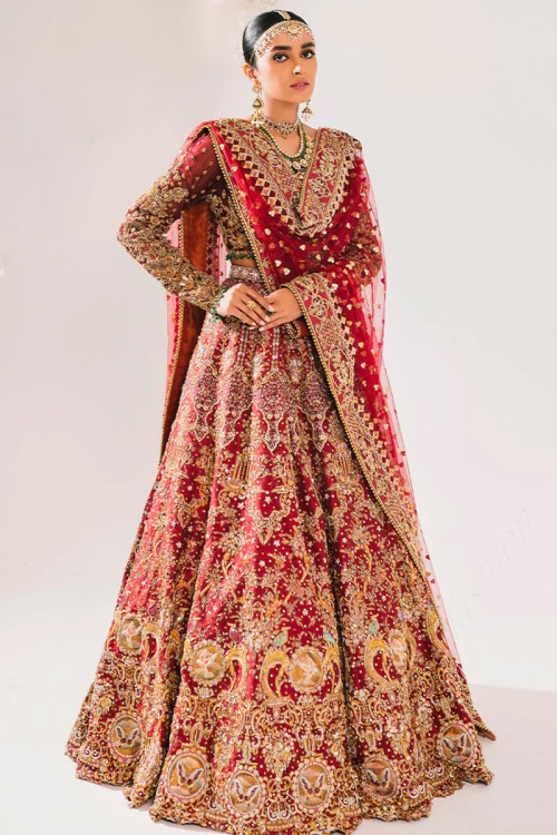 Silk Lehenga with Beads Embroidery in Red for Wedding