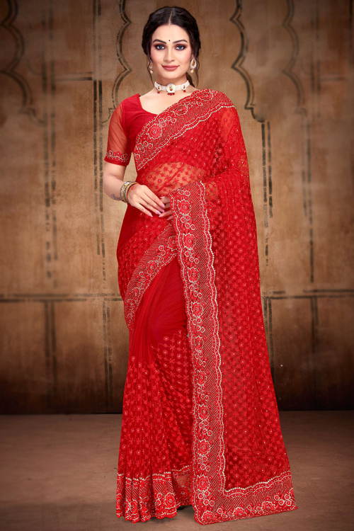 Net Saree with Resham Embroidery in Red for Party 