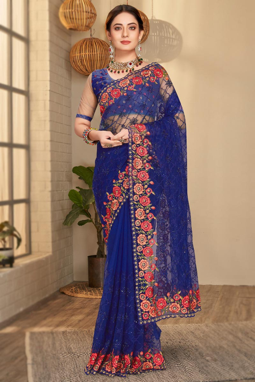 Saree in Net Royal Blue with Resham Embroidery for Party 