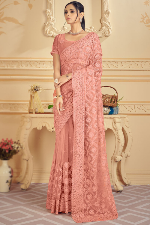 Embroidered Net Salmon Peach Saree