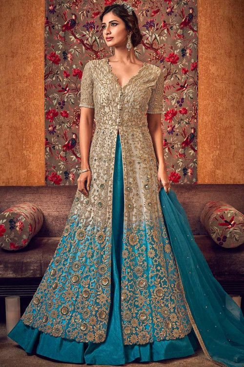 Embroidered Net Wedding Anarkali Suit In Cream Beige Colour