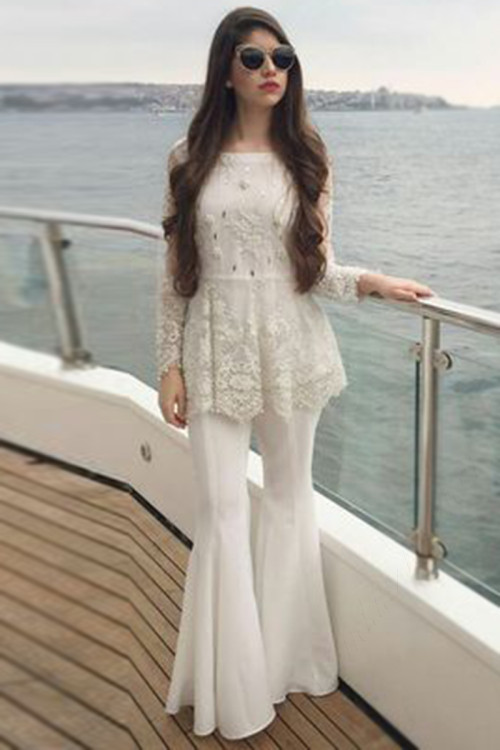 Embroidered Net White Indo-Western Bell Bottom Suit