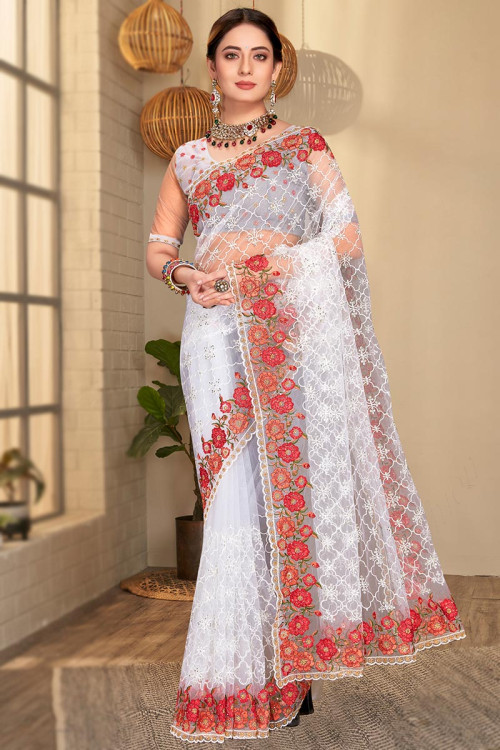 Net Saree in White colour with Zari Embroidery for Party 