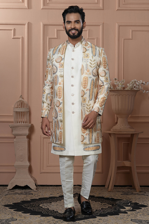 Embroidered Off White Art Silk Men's Jacket Style Sherwani