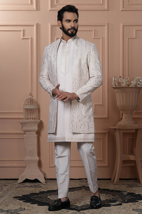 Embroidered Off White Art Silk Men's Jacket Style Sherwani