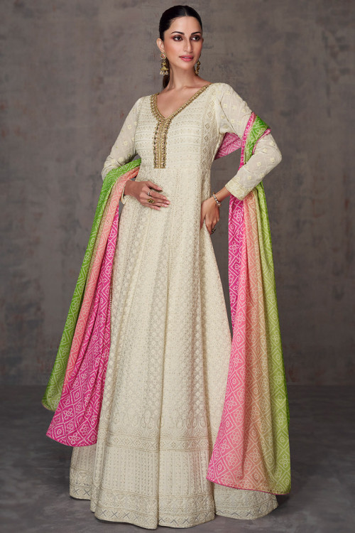 Embroidered Off White Georgette A-line Anarkali Suit