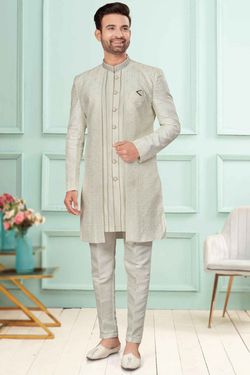 Embroidered Off White Wedding Wear Art Silk Men's Sherwani 