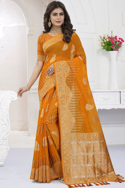 Embroidered Organza carrot orange Saree
