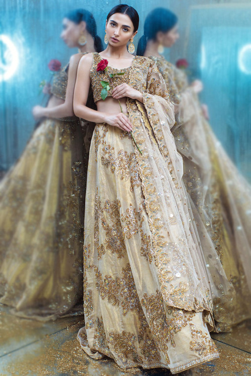 A Line Lehenga in Organza Gold for Party 