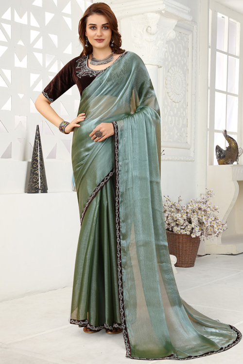 Woven Saree in Organza Greenish Grey for Party 