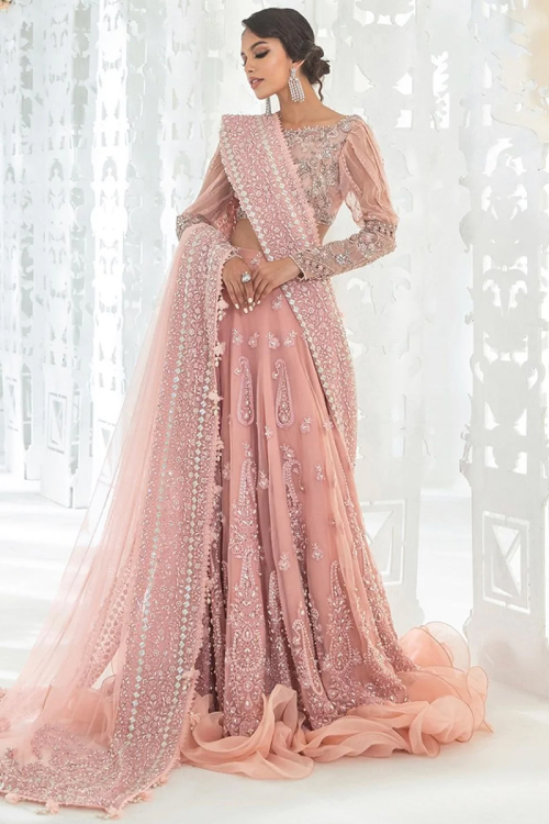 Embroidered Organza Light Pink Lehenga