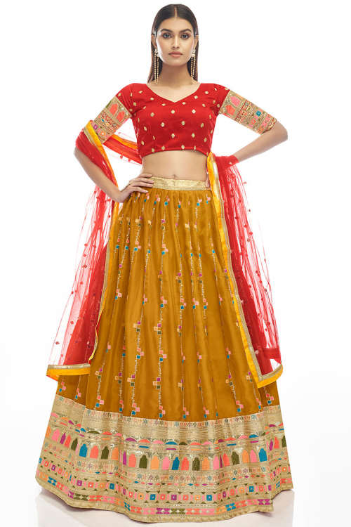 A Line Lehenga in Organza Mustard Yellow for Sangeet