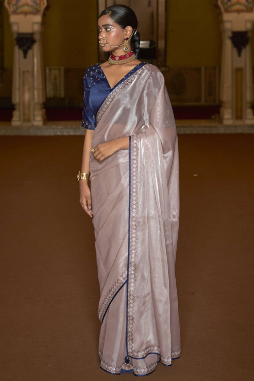 Embroidered Organza Nude Pink Saree