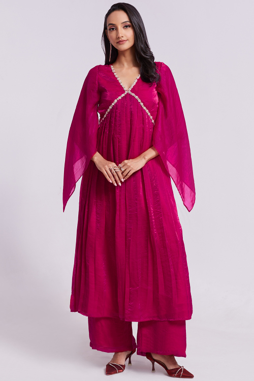 Embroidered Organza Ruby Pink Ready Made Frock Style Palazzo Suit