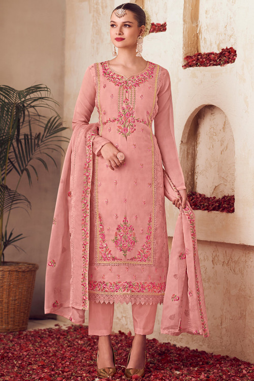 Embroidered Organza Salmon Pink Straight Cut Trouser Suit 