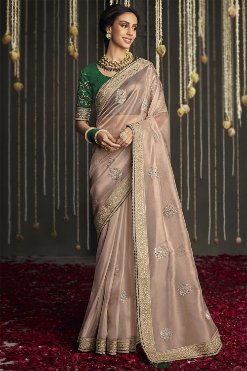 Silk Dark Beige Wedding Wear Saree with Sequins embroidery