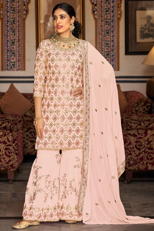 Embroidered Pale Pink Georgette Straight Cut Sharara Suit