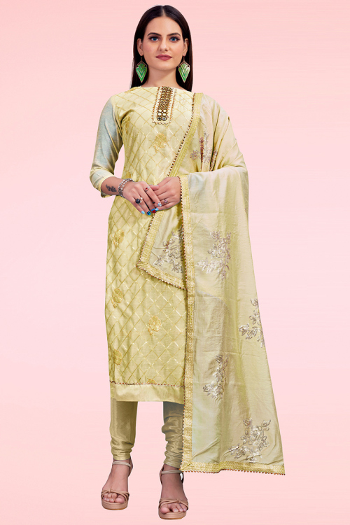 Embroidered Pale Yellow Chanderi Silk Straight Cut Churidar Suit