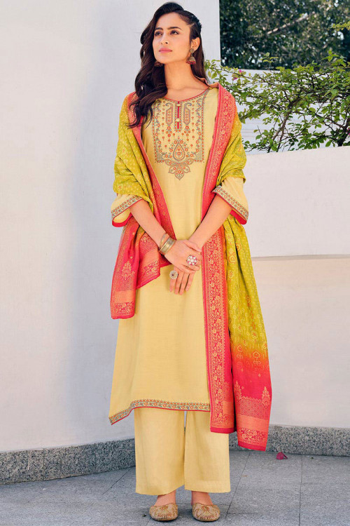 Embroidered Pale Yellow Cotton Silk Palazzo Suit 