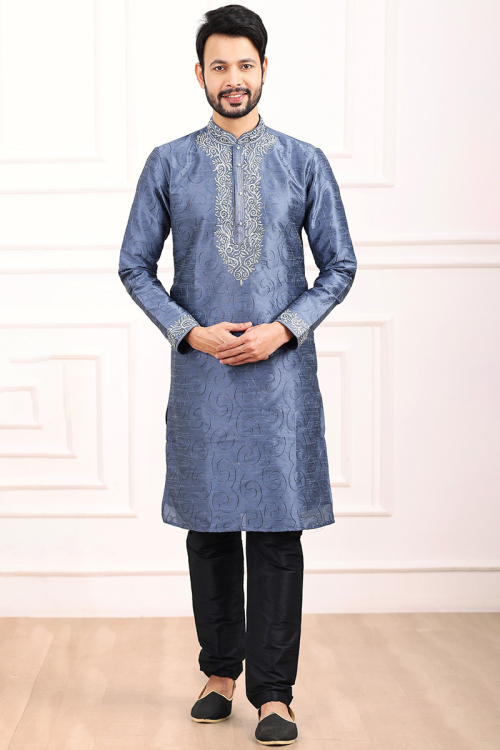 Embroidered Pastel Dark Blue Dupion Silk Side Slit Men's Kurta Pajama