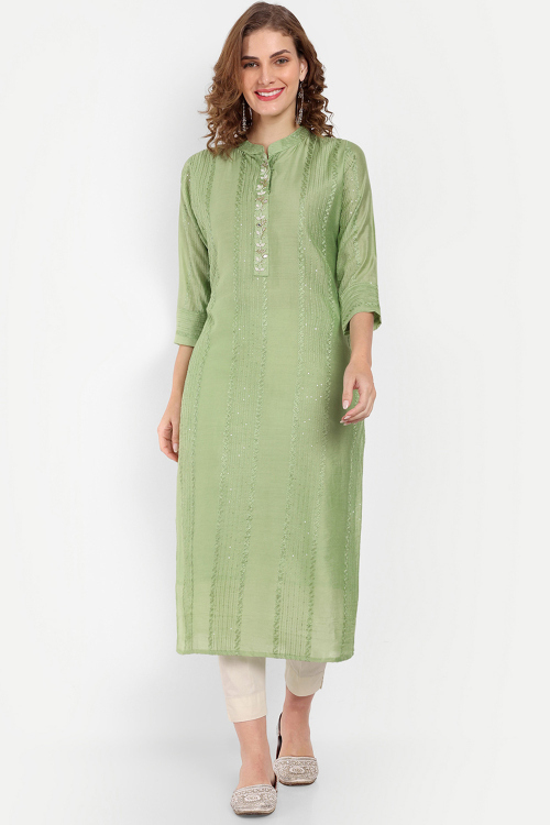 Embroidered Pistachio Green Chanderi Silk Festival Wear Ready Made Kurti