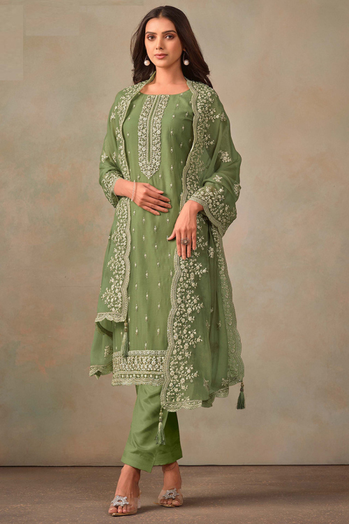 Embroidered Pistachio Green Straight Cut Organza Trouser Suit