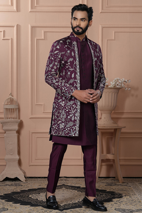 Embroidered Plum Purple Art Silk Men's Jacket Style Sherwani
