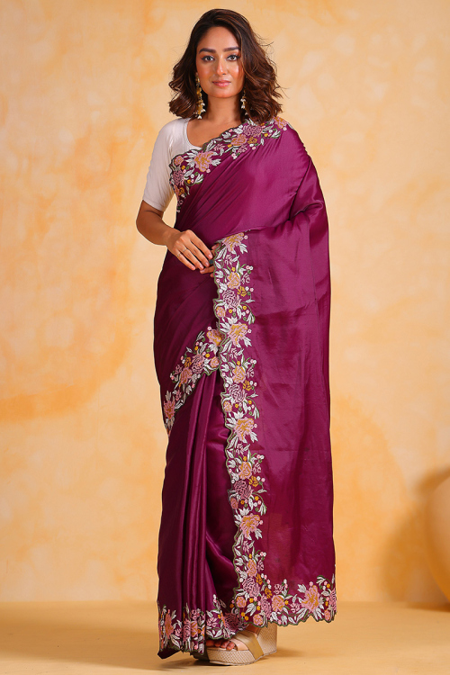 Embroidered Plum Purple Tussar Silk Light Weight Saree