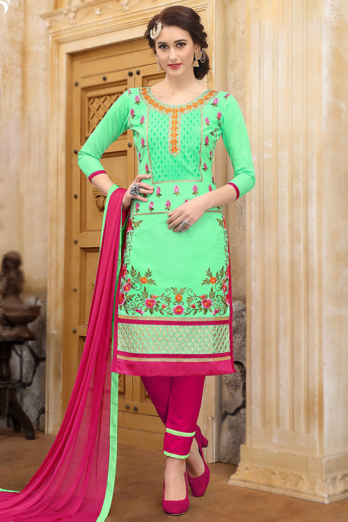 Embroidered Poly Cotton Light Green Trouser Suit