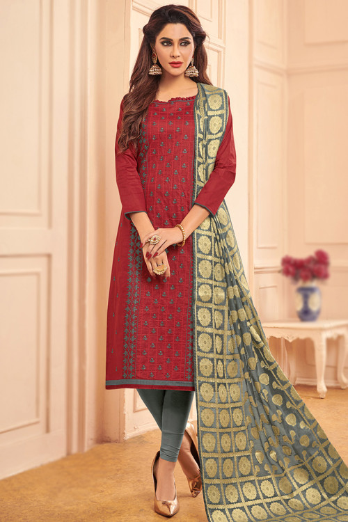 Resham Work Cotton Churidar Suit, Size : L, XL, Feature : Anti