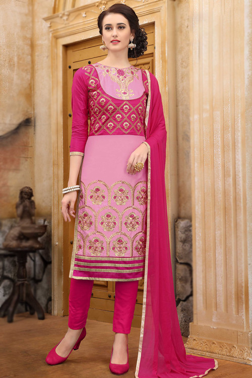 Embroidered Poly Cotton Light Pink Trouser Suit