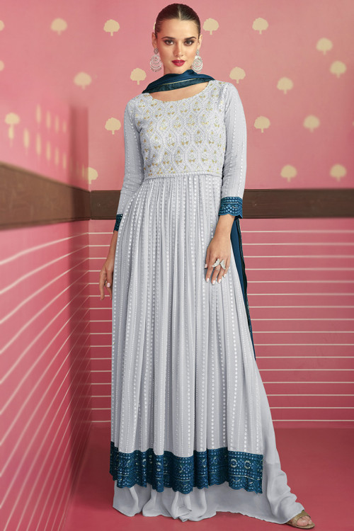 Embroidered Powder Blue Georgette Straight Cut Trouser Suit