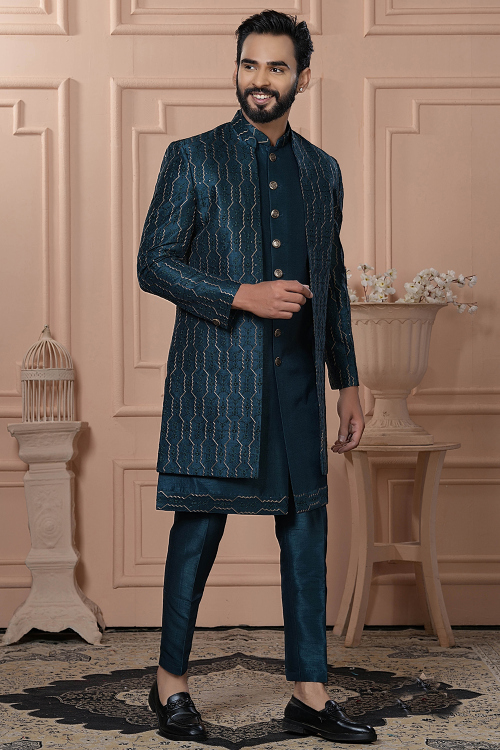 Embroidered Prussian Blue Art Silk Men's Jacket Style Sherwani