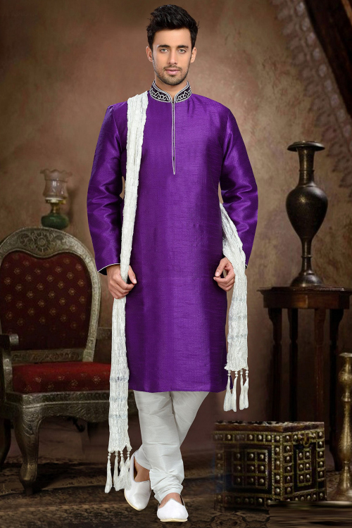 Embroidered Purple Dupion Silk Men's Kurta Churidar