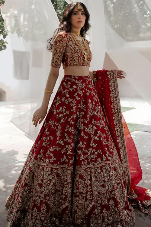 Buy Dark Maroon Red Sequins Embroidered Velvet Exclusive Bridal Lehenga  Online | Samyakk