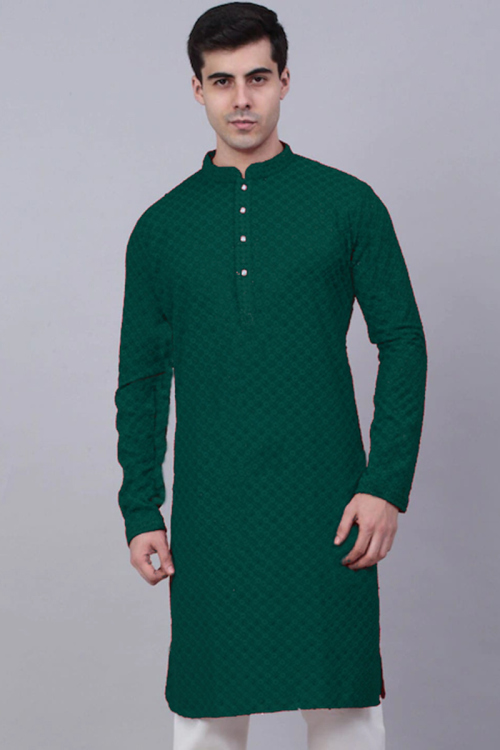 Embroidered Rayon Bottle Green Men Kurta