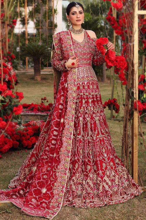 Embroidered Red Net Anarkali Suit