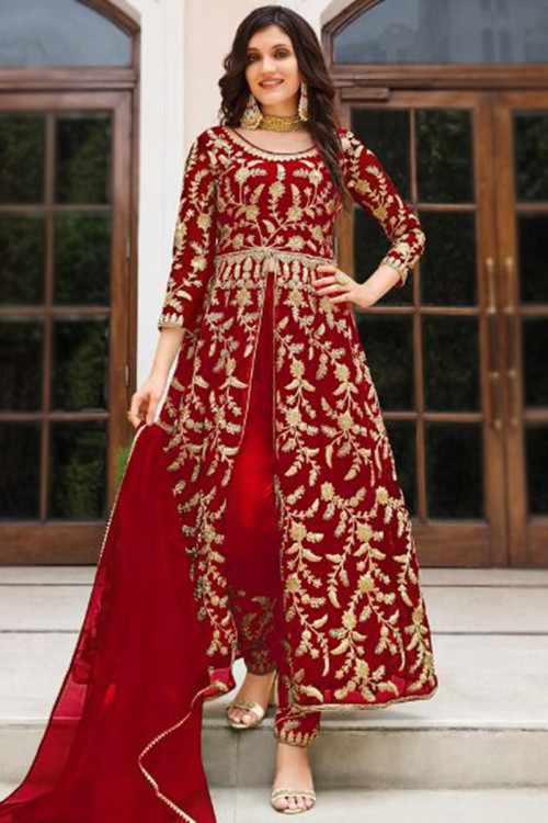 Buy Front Slit Red Round Neck Plus Size Trouser Suits Online for