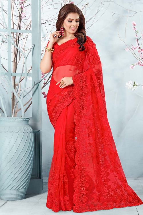 Embroidered Red Net Saree With Net Blouse