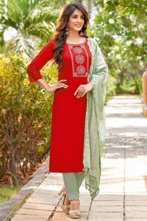 Buy Red Rayon Embroidered Straight / Trouser Suits Online for