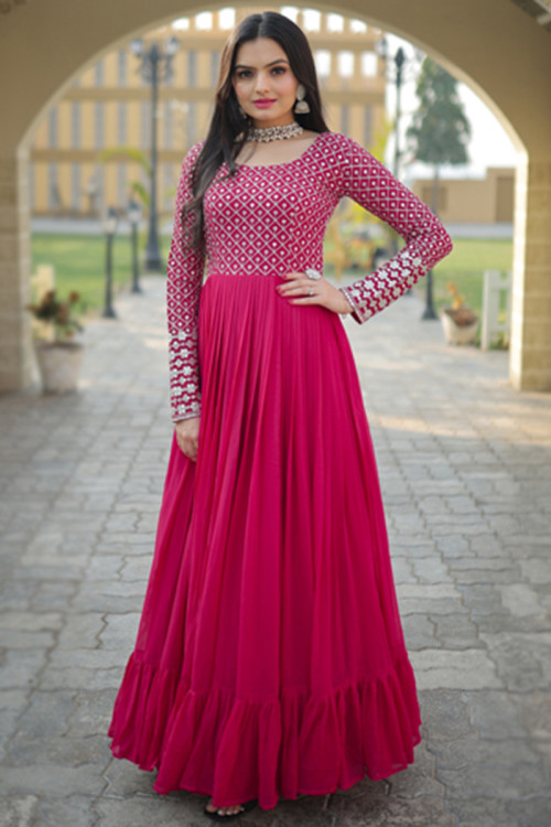 Embroidered Ruby Pink Georgette A Line Gown
