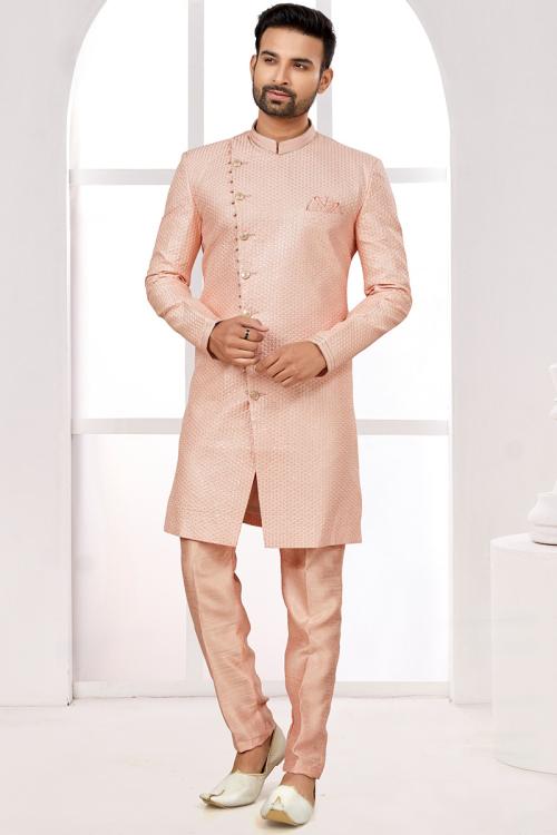 Embroidered Salmon Peach Art Silk Angrakha Style Men's Sherwani 