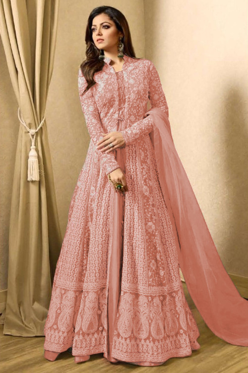 Embroidered Jacket Style Pink Anarkali Suit for Eid
